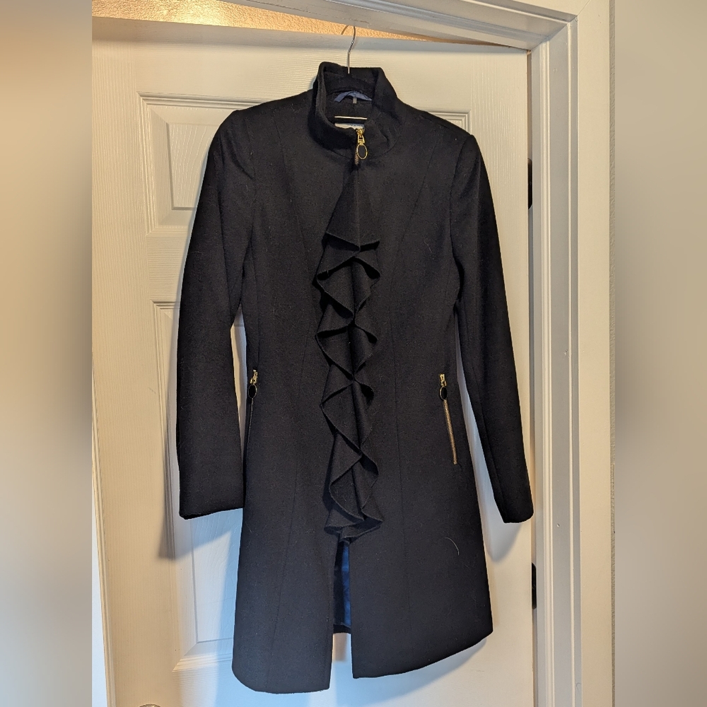 Black Wool Ruffle Dress Coat